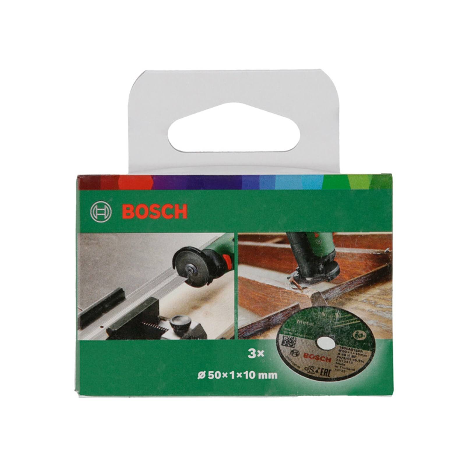 Bosch-Trennscheibe 50x1x10 mm; zeigt Scheibe bei Verwendung auf Materialien, inkl. Verpackungslogo und Produktvisualisierung.