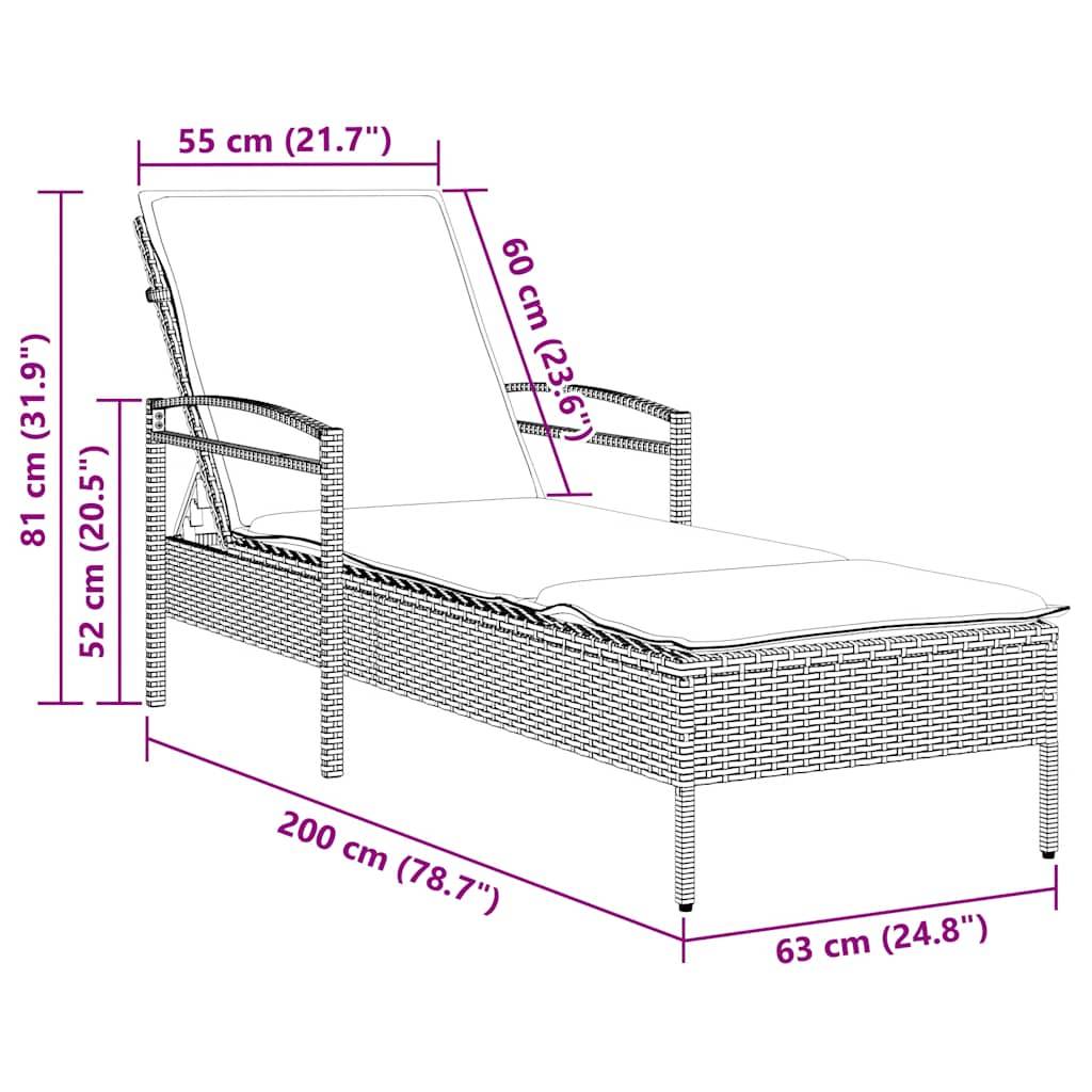 vidaXL Sonnenliege mit Kissen Grau 63 x 200 x 81 cm Poly Rattan