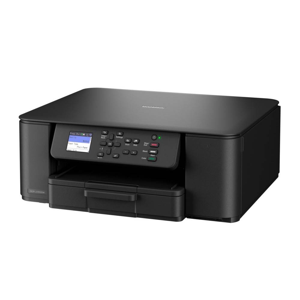 Ein schwarzer Multifunktionsdrucker mit digitalem Display und Bedienungstasten, konzipiert für Büro- oder Heimanwendung.
