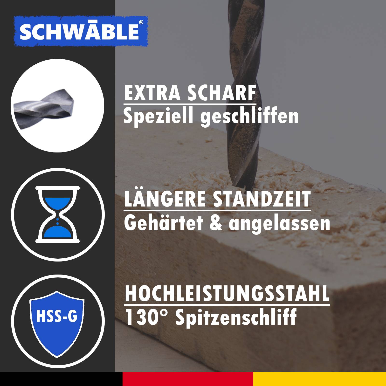 SCHWÄBLE® Bohrer-Sortiment 16tlg. Holzbohrer Metallbohrer HSS Steinbohrer