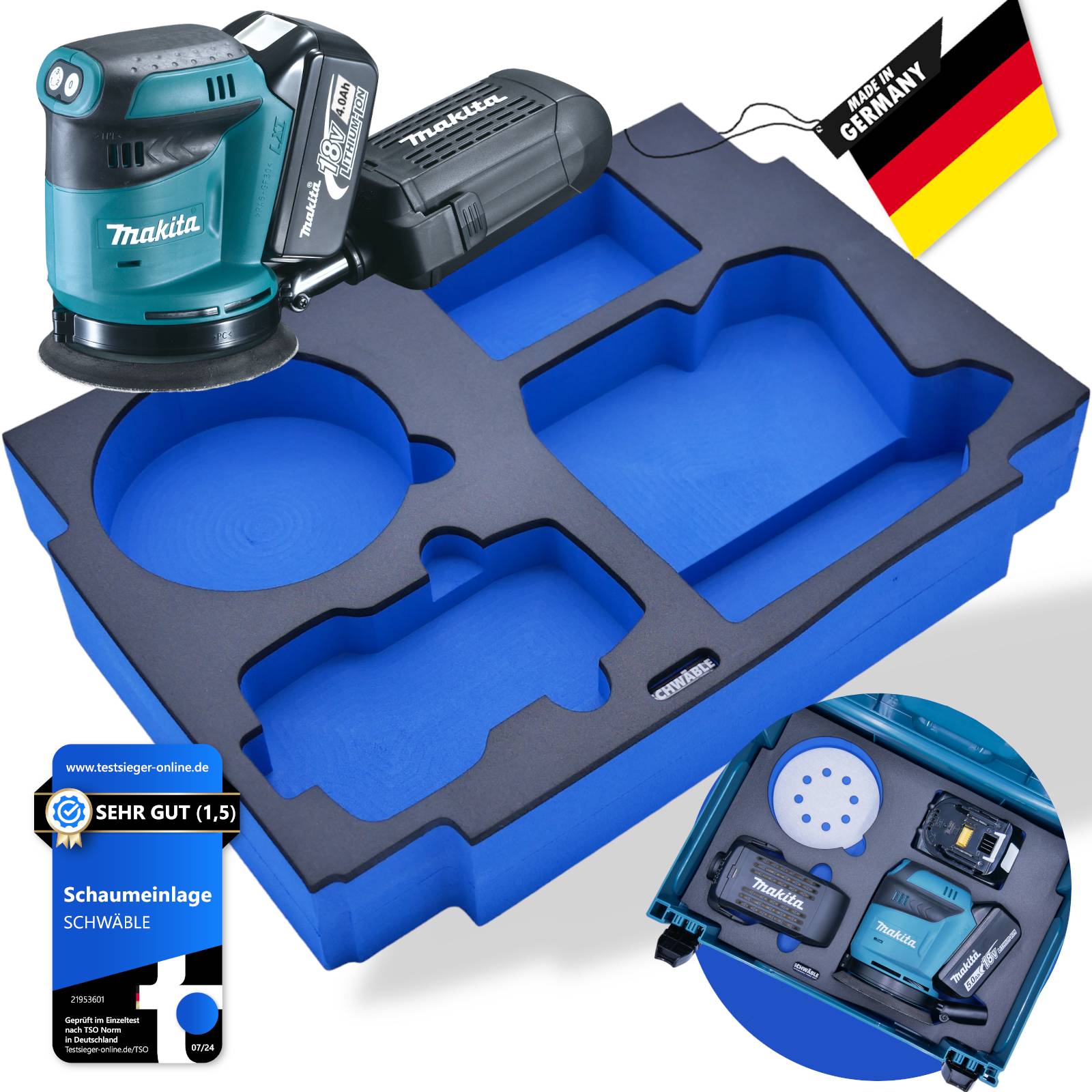 Makita Akku-Exzenterschleifer 18V DBO180SZ + Schwäble Schaumstoffeinlage