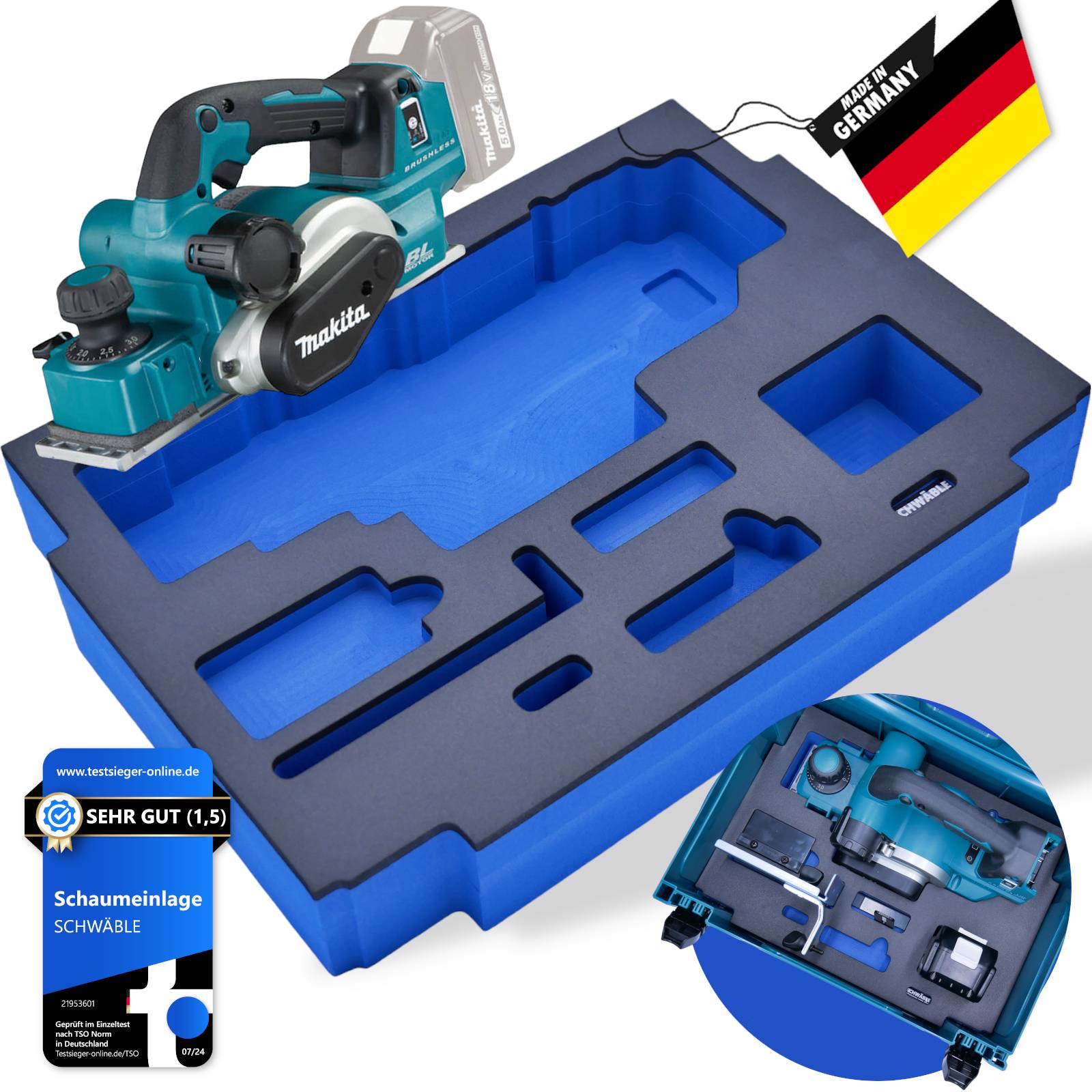 Makita Akku-Hobelmaschine Hobel 18V DKP181SZ + Schwäble Schaumstoffeinlage