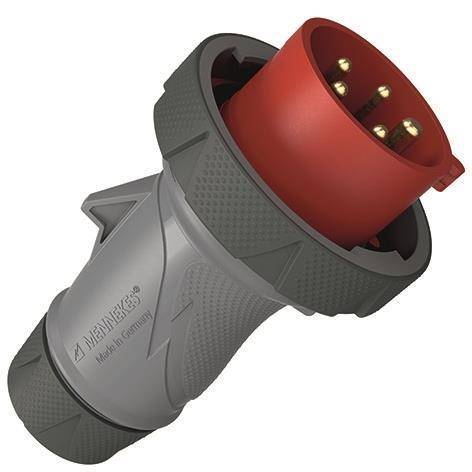 Ein rot-grauer industrieller Stecker mit vier Messingkontakten. Der Stecker trägt die Aufschrift „Made in Germany