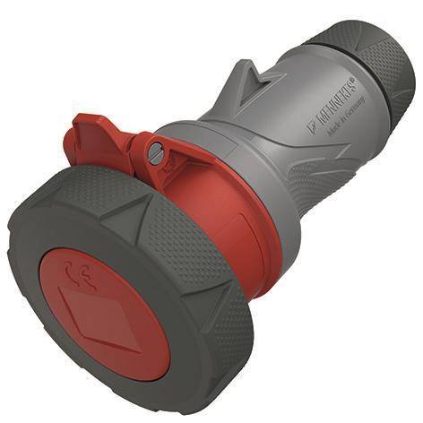 Grauer und roter Industrie-Steckverbinder mit robustem, strukturiertem Griff, verwendet für sichere elektrische Verbindungen, in Schrägansicht dargestellt.