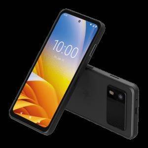 Zwei schwarze Smartphones mit robusten Schutzhüllen, eines mit Sperrbildschirm um 10:00 Uhr und das andere umgedreht, um seine rückseitige Kamera zu zeigen.
