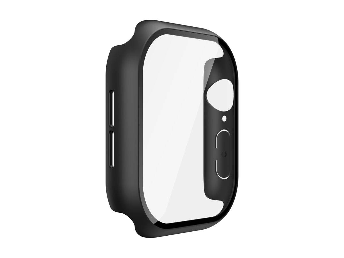 Schwarze Schutzhülle für eine Smartwatch, in schrägem Blick dargestellt mit Ausschnitten für die digitale Krone und den Seitentaster.
