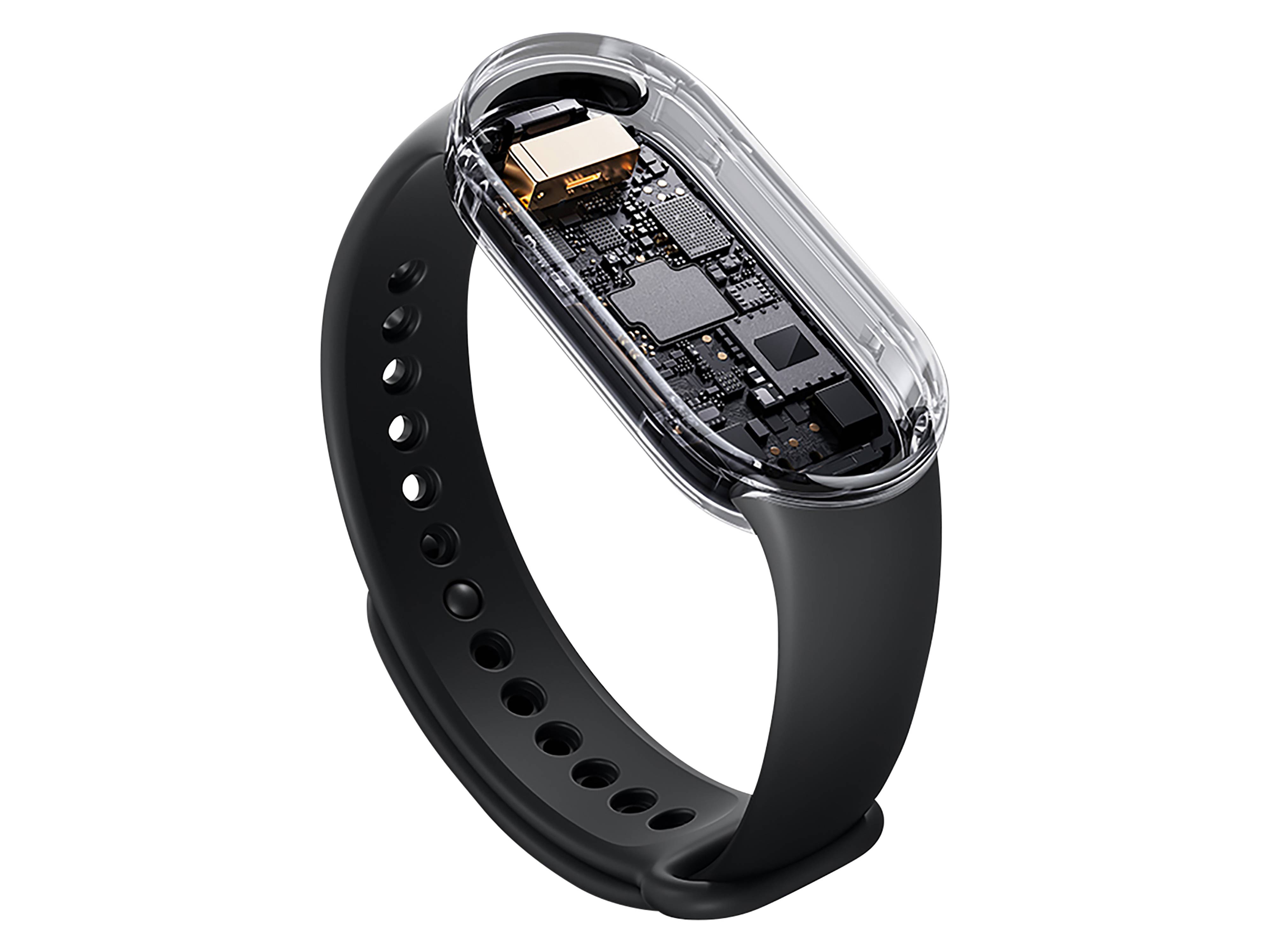 Eine transparente, intelligente Armband, das seine interne Schaltkreise präsentiert, mit einem schwarzen verstellbaren Riemen, der sein modernes, schlankes Design betont.