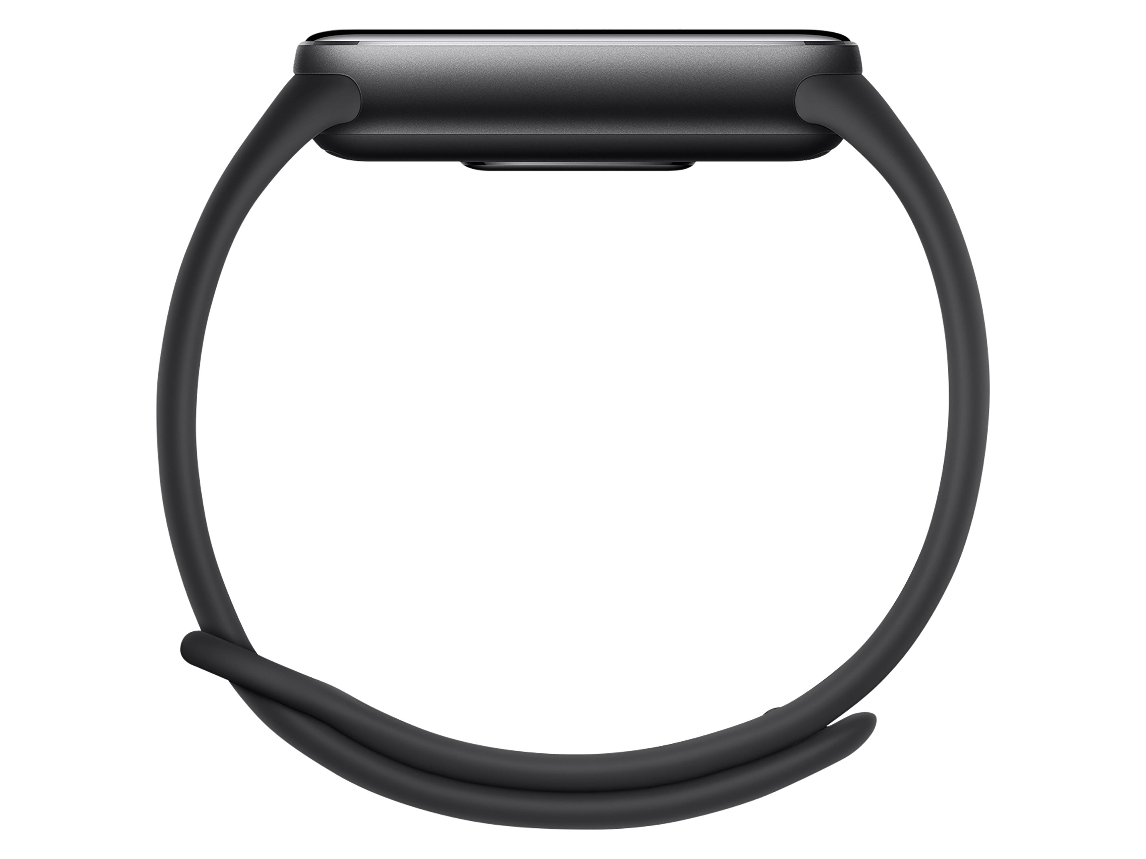 Eine schwarze Smartwatch mit einem rechteckigen Bildschirm und einem passenden schwarzen Armband, von der Seite betrachtet.