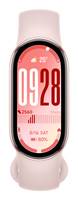 Rosa Smartwatch zeigt 09:28, 25° Wetter, Datum Sa. 8/19 und 80% Akku auf einem rosa Band an.