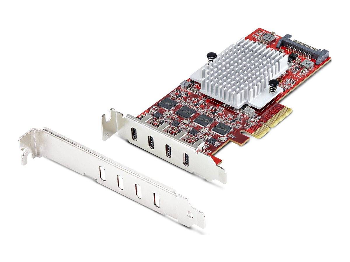 Eine rote Leiterplatte mit einem silbernen Kühlkörper und vier HDMI-Anschlüssen, entwickelt zum Anschluss mehrerer Displays an ein Computersystem.