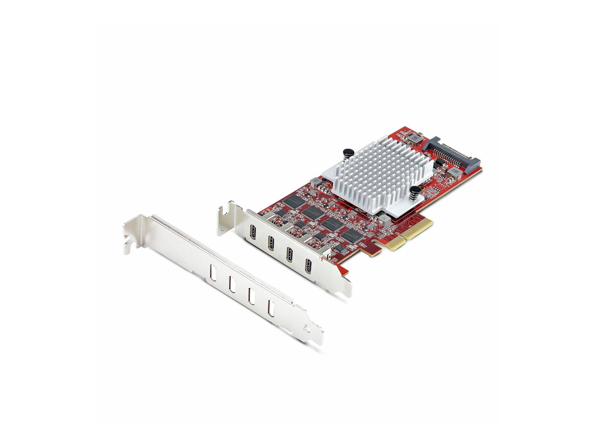 Eine rote PCIe-Grafikkarte mit drei HDMI-Anschlüssen und einem kleinen weißen Kühlkörper, neben einem weißen Metallslot-Bracket.