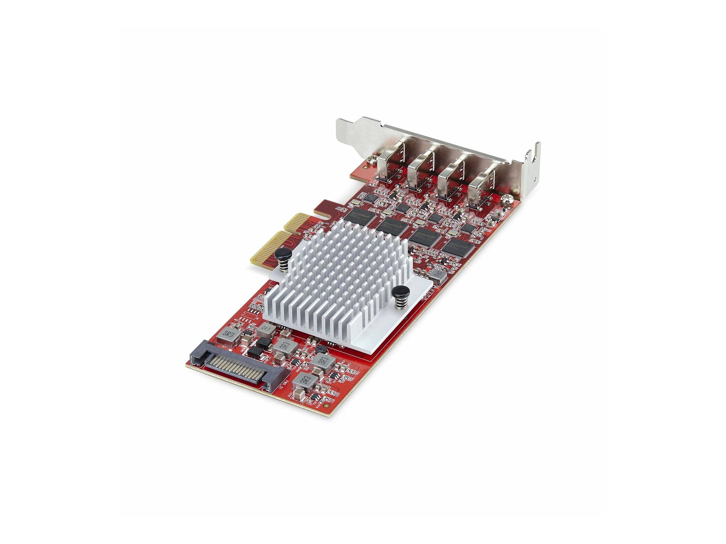 Eine rote Leiterplatte mit einem silbernen Kühlkörper und vier HDMI-Anschlüssen, die zum Anschluss mehrerer Displays an einen Computer verwendet wird.