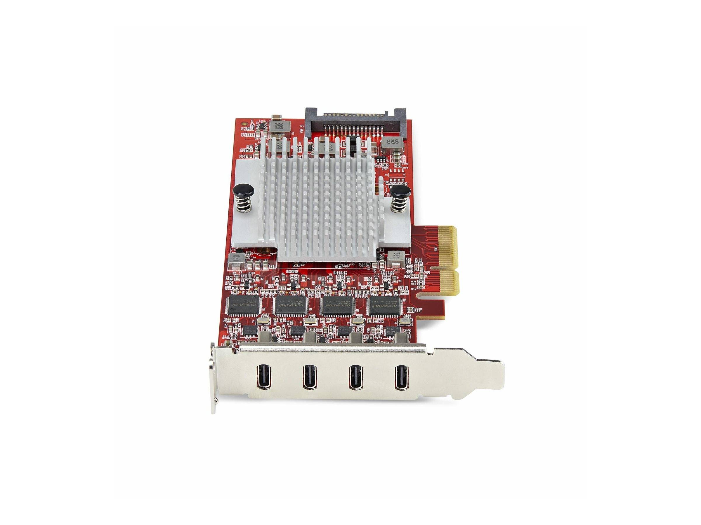 Eine rote PCIe-Erweiterungskarte mit einem Kühlkörper und vier Anschlüssen, die typischerweise verwendet wird, um einem Computer zusätzliche Konnektivität oder Funktionalität hinzuzufügen.