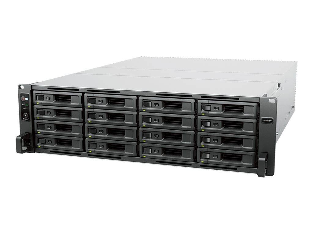 Vorderansicht eines Rack-Mount-Server-/Speichersystems mit mehreren Hot-Swap-Festplattenschächten und Stromschaltern auf der linken Seite.