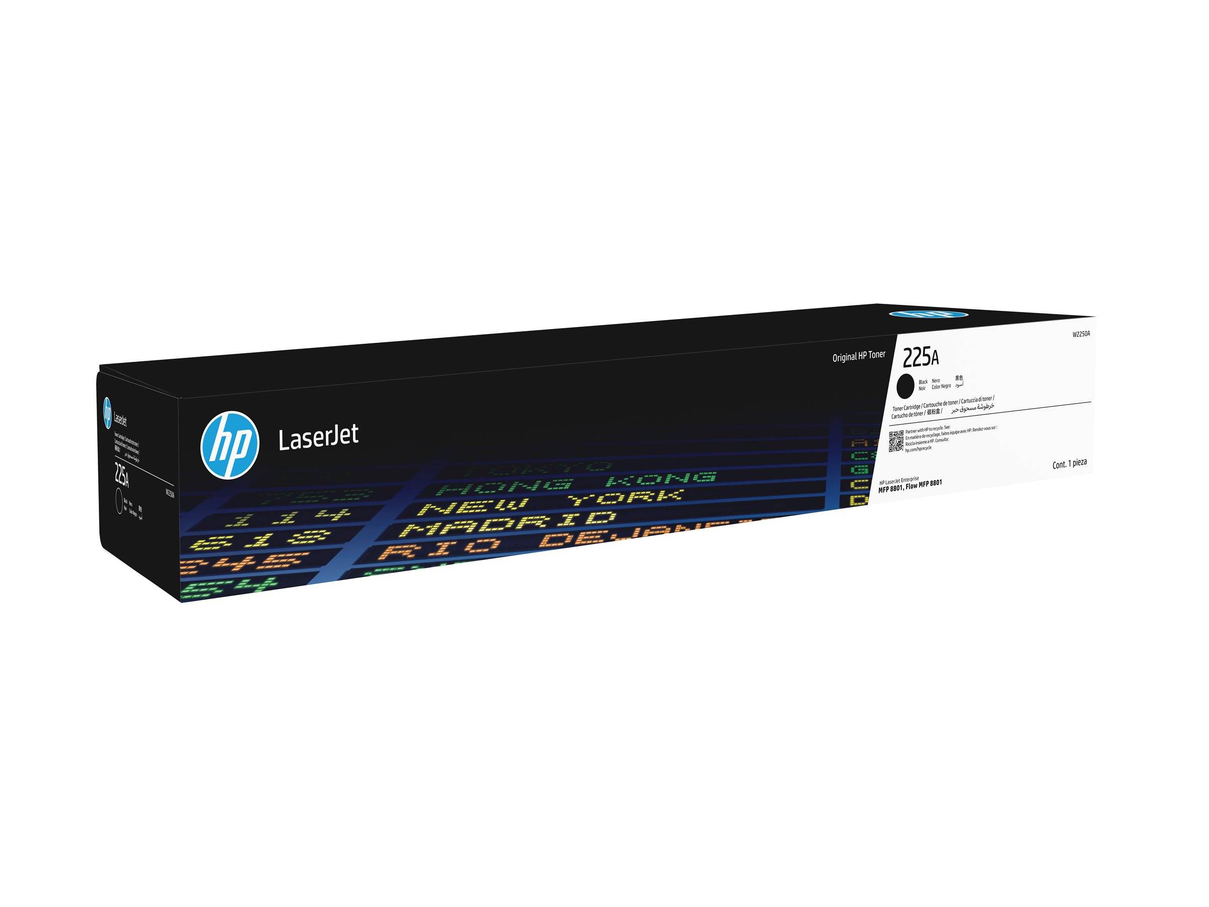Verpackung für HP LaserJet 225A Tonerkartusche mit digitalen Stadtnamen in buntem Text und HP-Logo.