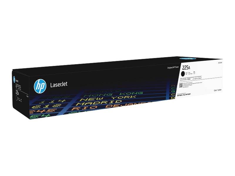 HP LaserJet 125A Tonerkassette in einer Box mit schwarzem Hintergrund, auf der Stadtnamen in bunter Schrift abgebildet sind.