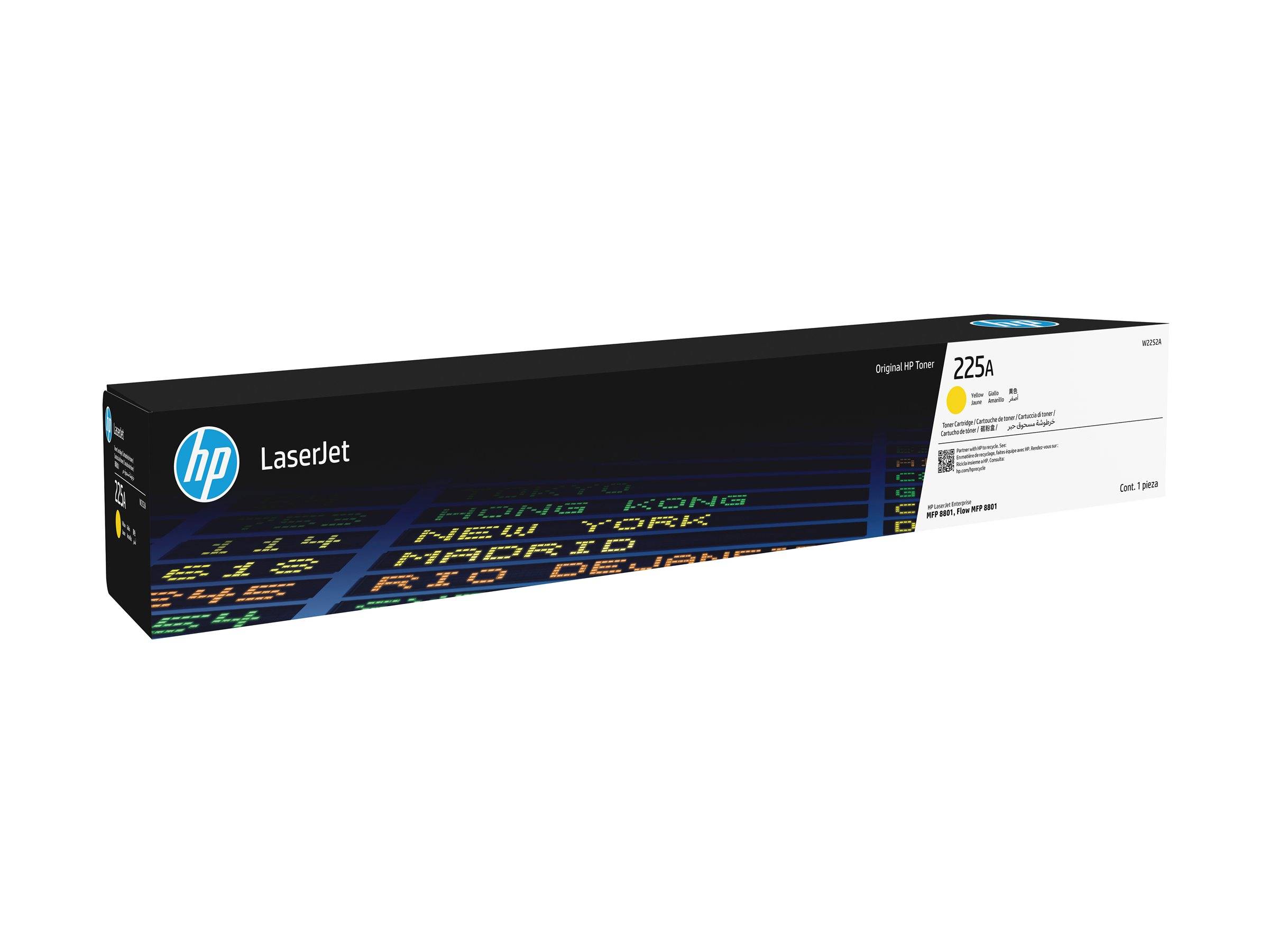 HP LaserJet 225A Original JetIntelligence Tonerkartusche Verpackungsbox mit einer Liste von großen Stadtnamen im digitalen Textstil.