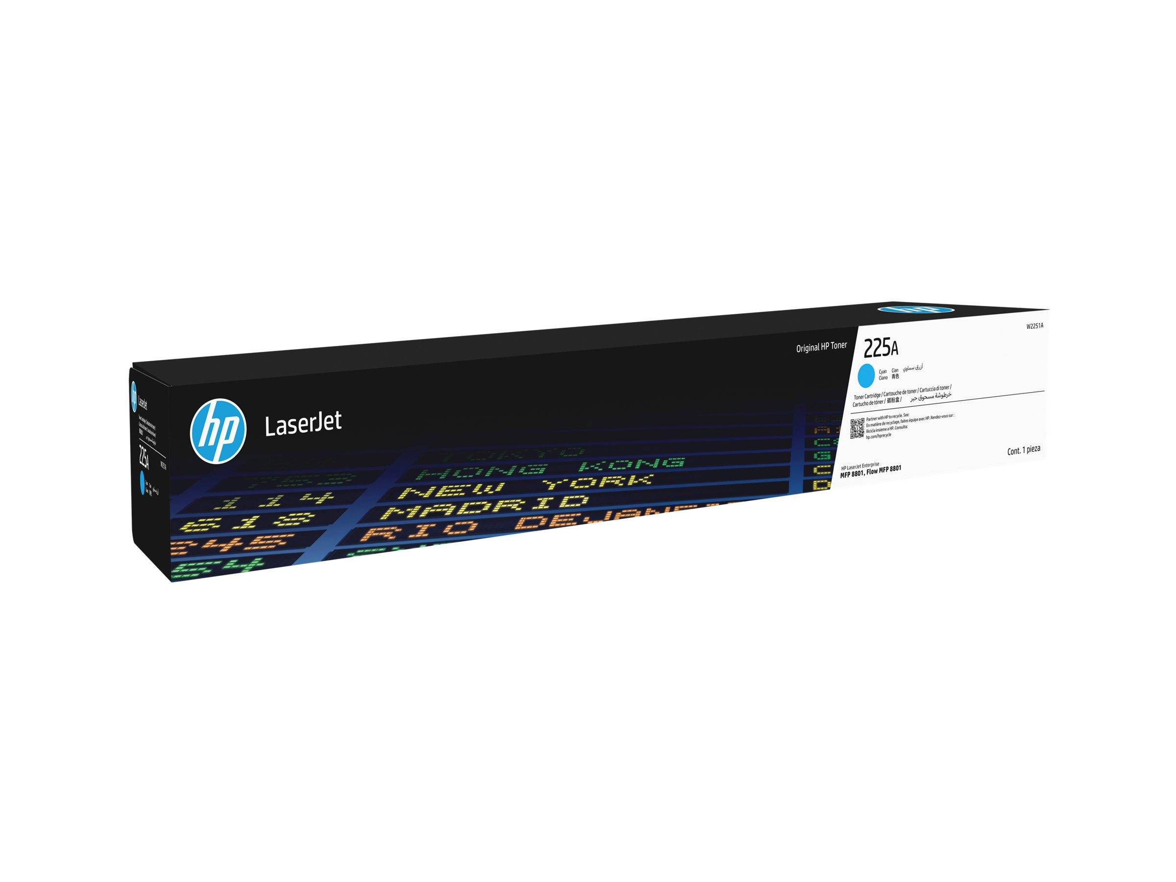 HP LaserJet 225A Tonerkartusche Verpackung, mit HP-Logo und Produktdetails in Weiß und Blau auf schwarzem Hintergrund.