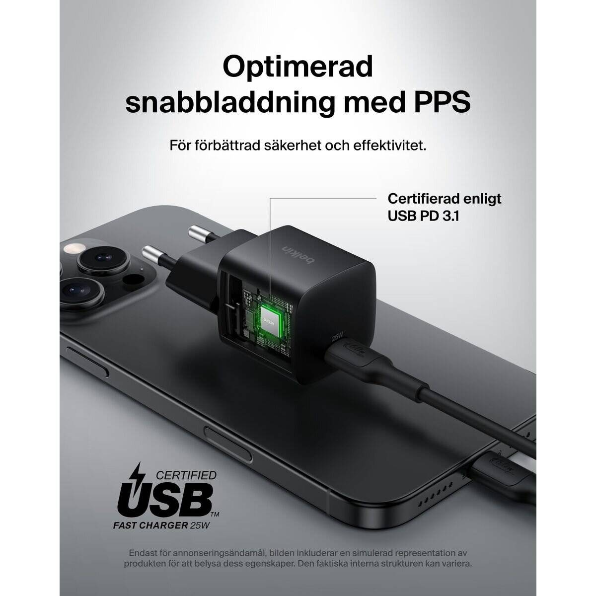 Anzeige mit einem Telefon, das mit einem PPS-Schnelllader aufgeladen wird; Text besagt „Optimiertes Schnellladen mit PPS