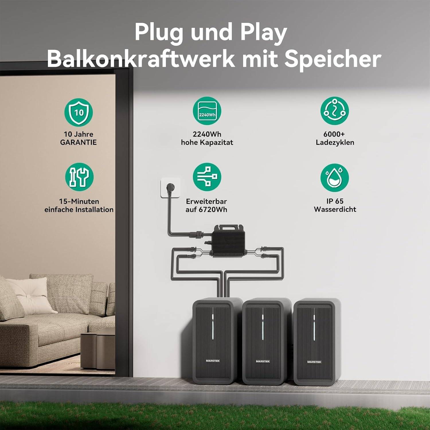 Marstek B2500 Speicher 2240Wh für Balkonkraftwerke, LiFePO4 Akku 6000 Ladezyklen, Erweiterbar, Einfache Installation, IP