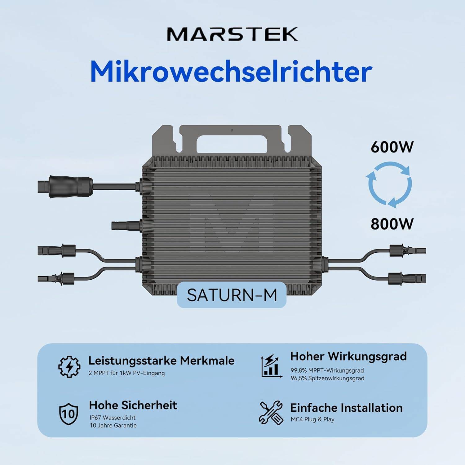 800W Marstek Micro - Inverter for Solar Modules: WiFi & Bluetooth Enabled, IP67 Waterproof, MPPT, App - Driven Plug