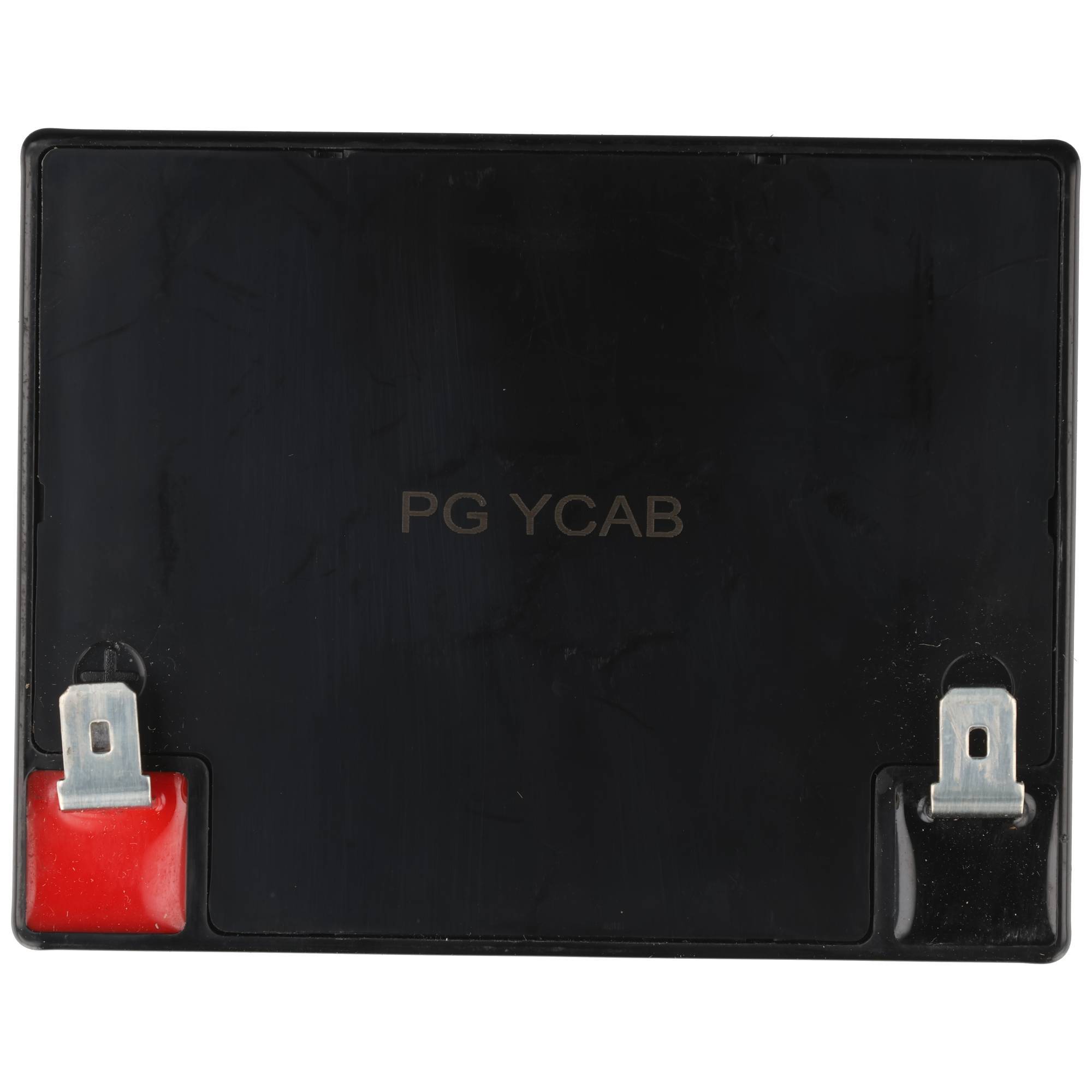 Schwarze rechteckige Batterie oder elektrische Komponente mit der Bezeichnung 'PG YCAB' mit zwei Metallklemmen an den unteren Ecken, eine rot und eine schwarz.