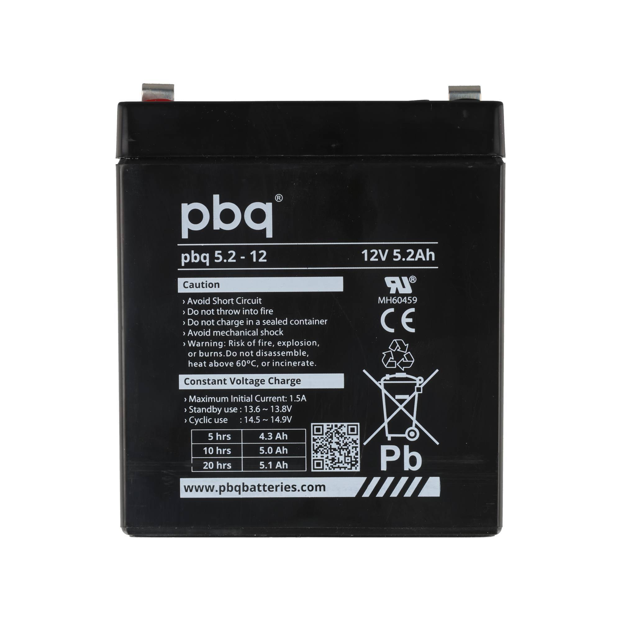 Schwarze 12V 5,2Ah versiegelte Bleisäurebatterie mit Warnaufklebern, Ladeanweisungen und Recycling-Symbolen.