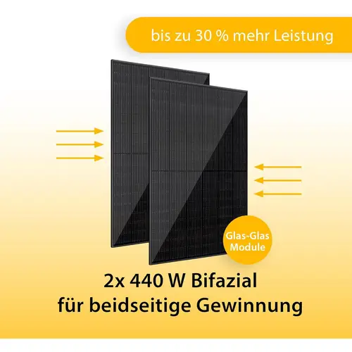 VALE Solarmodul-Set Bifazial 880 Wp Full Black - Glas-Module - Solarpanel für Balkonkraftwerke - Universal einsetzbar VALE Solarmodul-Set Bifazial 880 Wp Full Black - Glas-Module - Solarpanel für Balkonkraftwerke - Universal einsetzbar