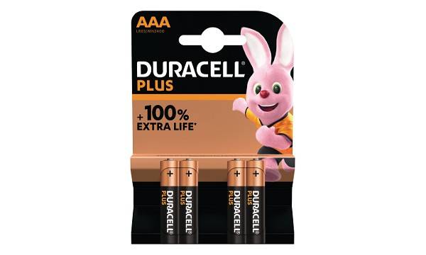 Duracell Plus AAA-Batterie-Packung mit vier Batterien und einem rosa Hasen-Maskottchen, gekennzeichnet mit „100% EXTRA LIFE