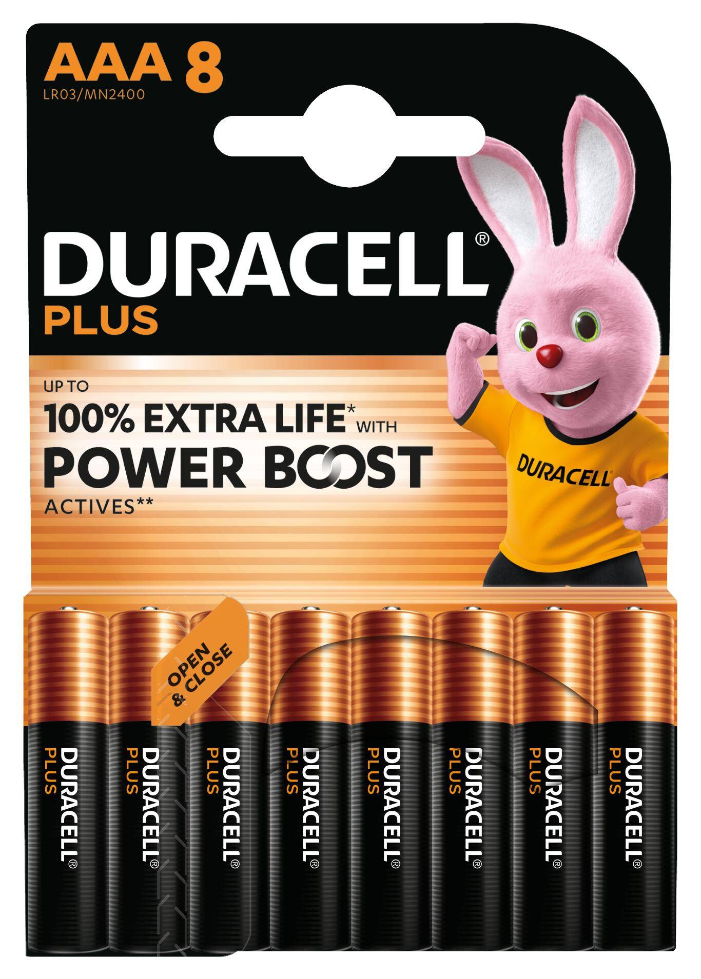 Duracell Plus AAA 8er-Packung Batterien mit dem rosa Duracell-Hasen und dem Text „Bis zu 100% längere Lebensdauer mit Power Boost