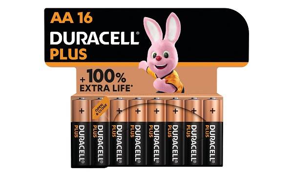 Duracell Plus AA 16er-Pack-Batterien mit rosa Hase-Maskottchen und '+100% LÄNGERE LEBENSDAUER'-Aussage.