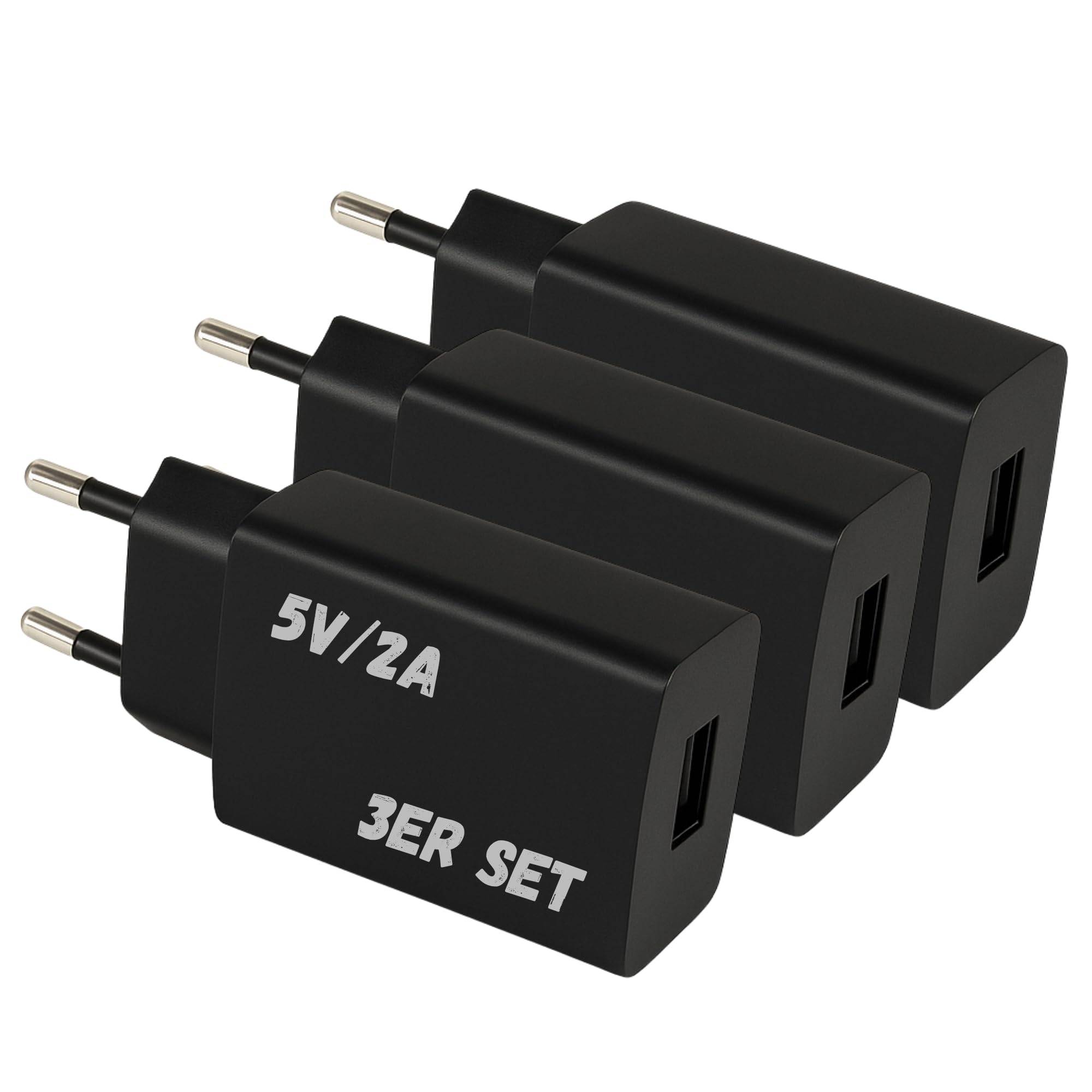 3 Stück USB Netzteil Netzgerät Ladegerät 2A 5V 10W Steckernetzteil USB-A Buchse für Handy Ladekabel Smartphone schwarz