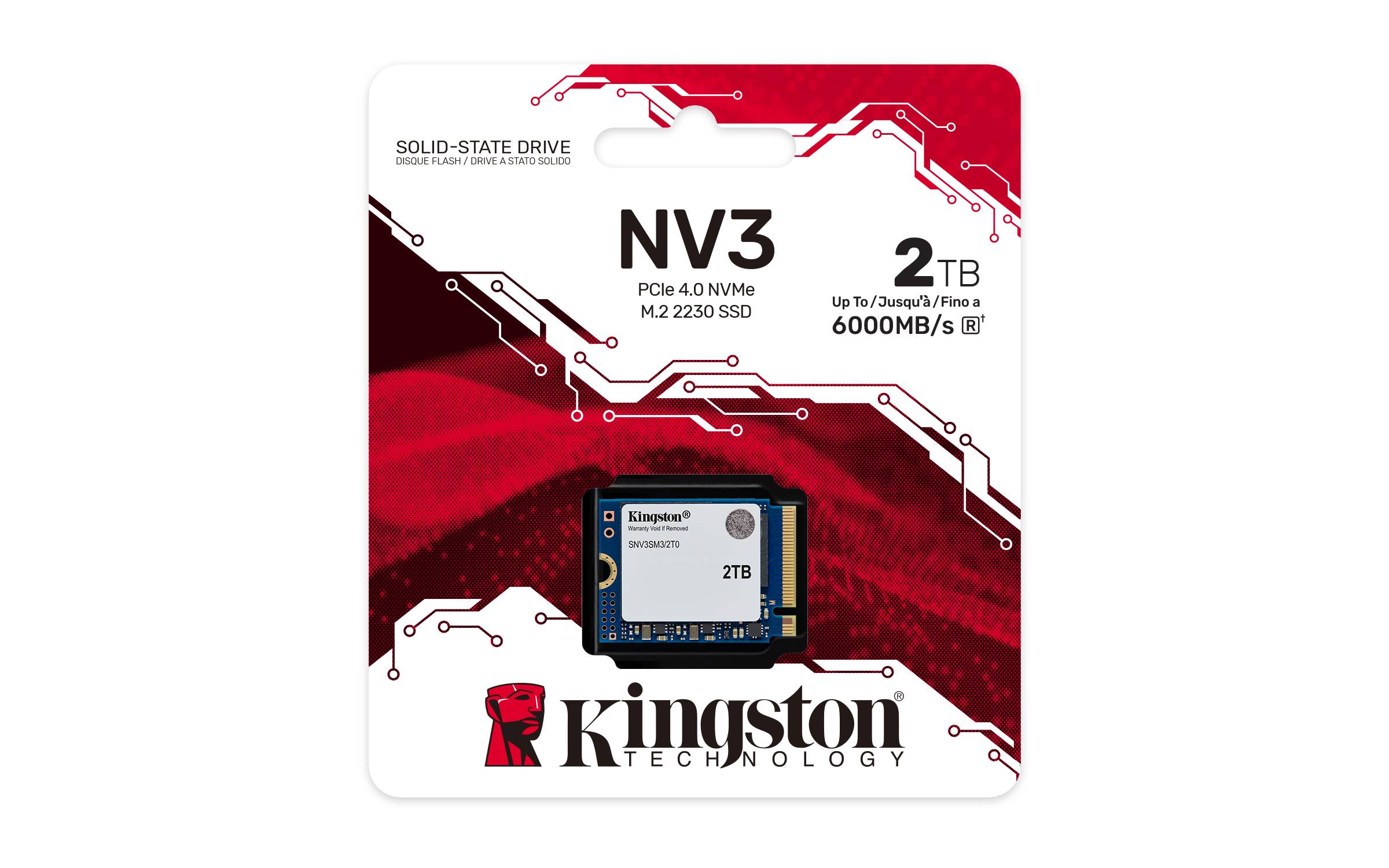 Kingston NV3 2TB PCIe 4.0 NVMe M.2 2230 SSD Paket mit Geschwindigkeiten von bis zu 6000MB/s und dem Laufwerk-Image.