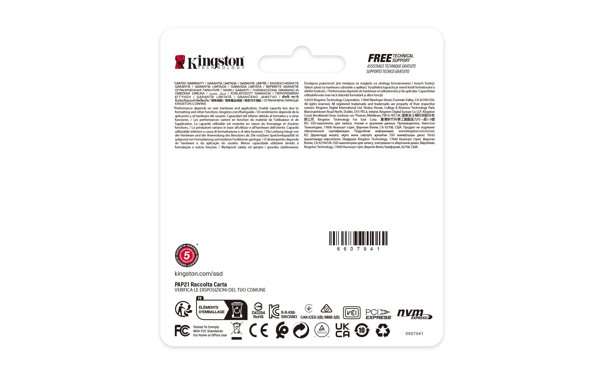Rückseite einer Kingston Speicherkarte Verpackung mit Produktdetails, Barcode und Zertifizierungslogos auf einer weißen Karte.