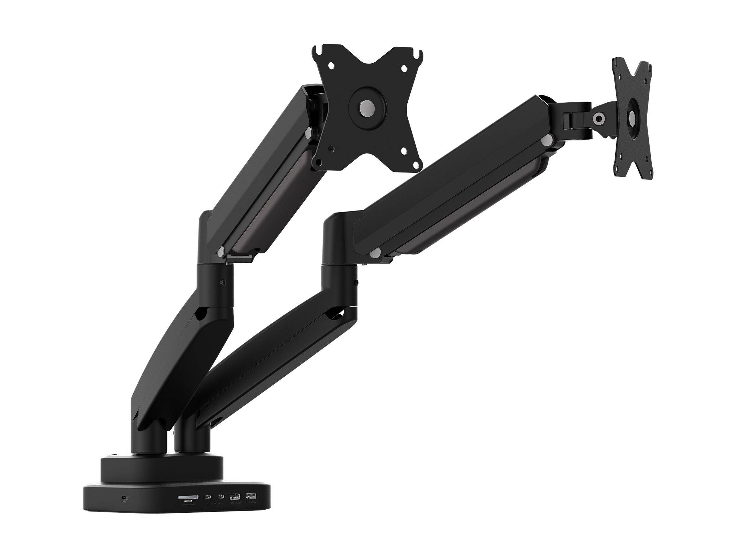 Schwarze Dual-Arm-Monitorhalterung mit zwei verstellbaren VESA-Halterungen auf einer runden Basis vor weißem Hintergrund.