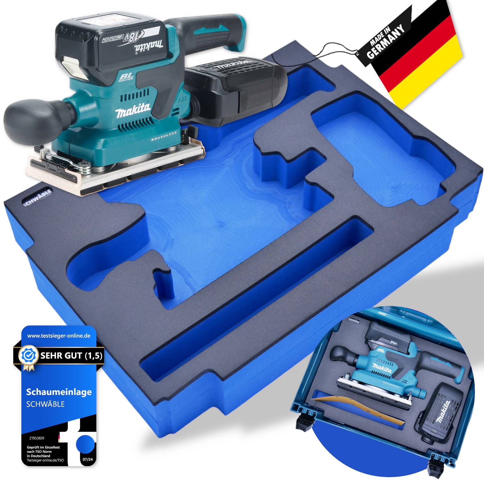 Makita Akku-Schwingschleifer 18V DBO382SZ + Schwäble Schaumstoffeinlage