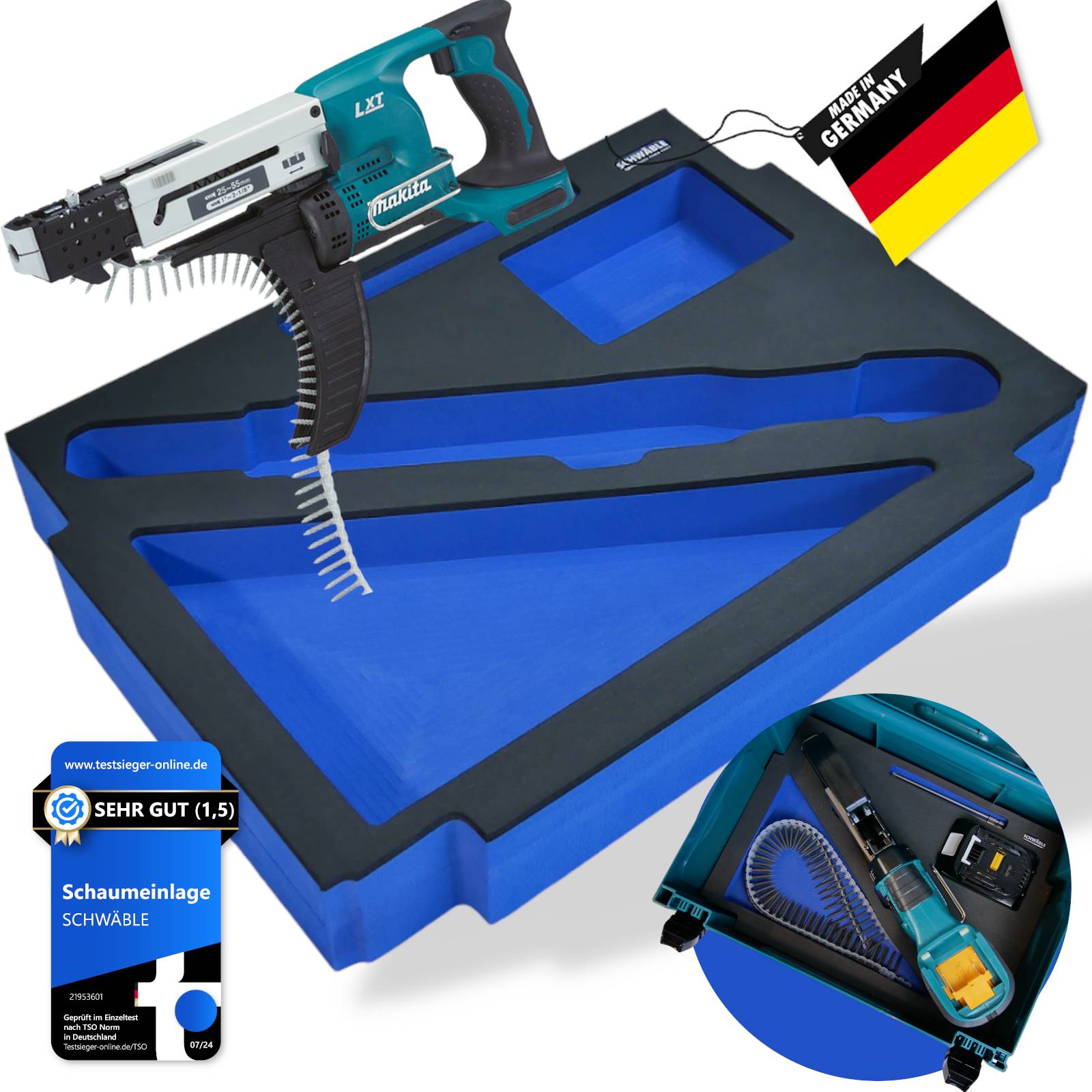Makita Akku-Magazinschrauber Bauschrauber DFR550Z + Schwäble Schaumstoffeinlage