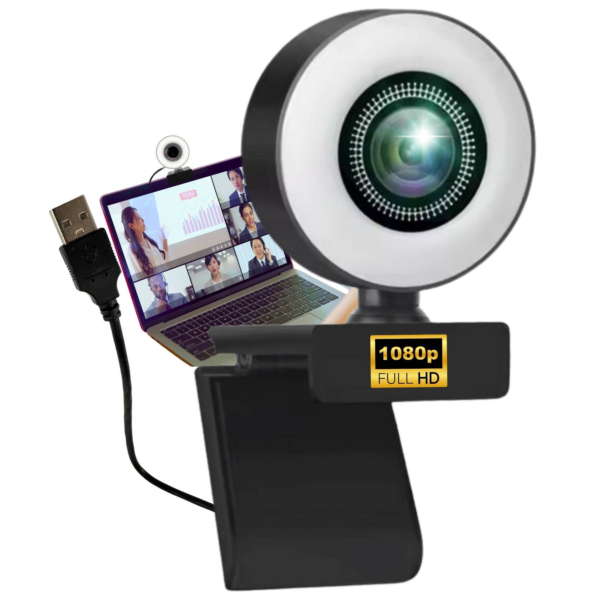 Webcam mit Ringlicht Full HD Lampe USB PC Kamera Konferenz Streaming