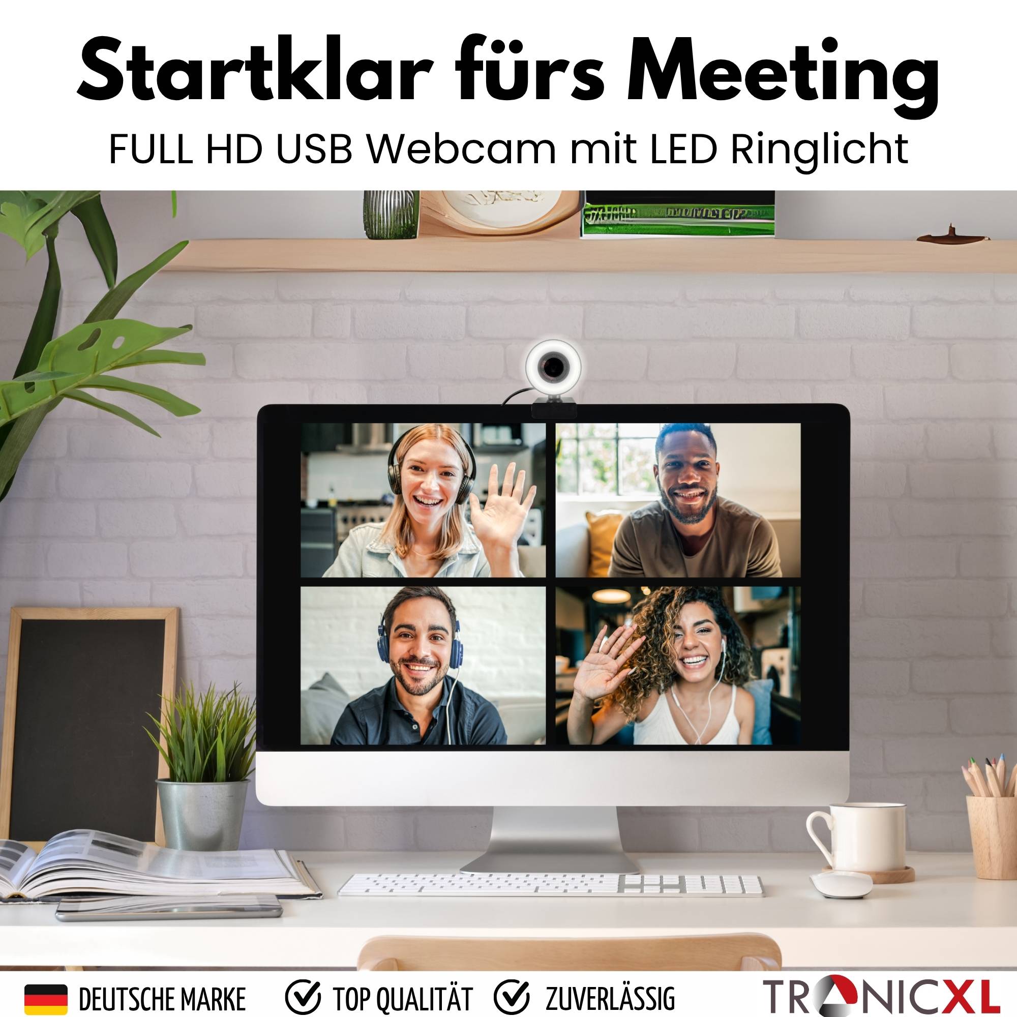 Webcam mit Ringlicht Full HD Lampe USB PC Kamera Konferenz Streaming