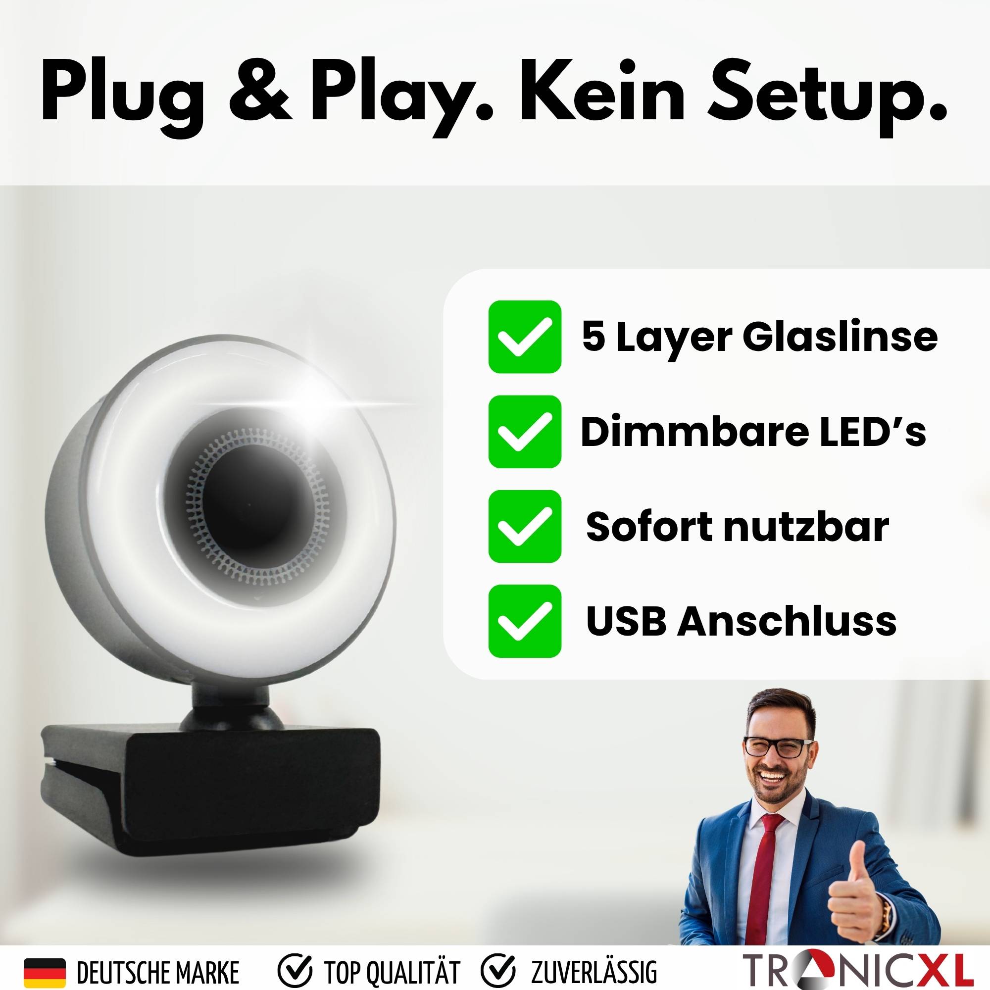 Webcam mit Ringlicht Full HD Lampe USB PC Kamera Konferenz Streaming