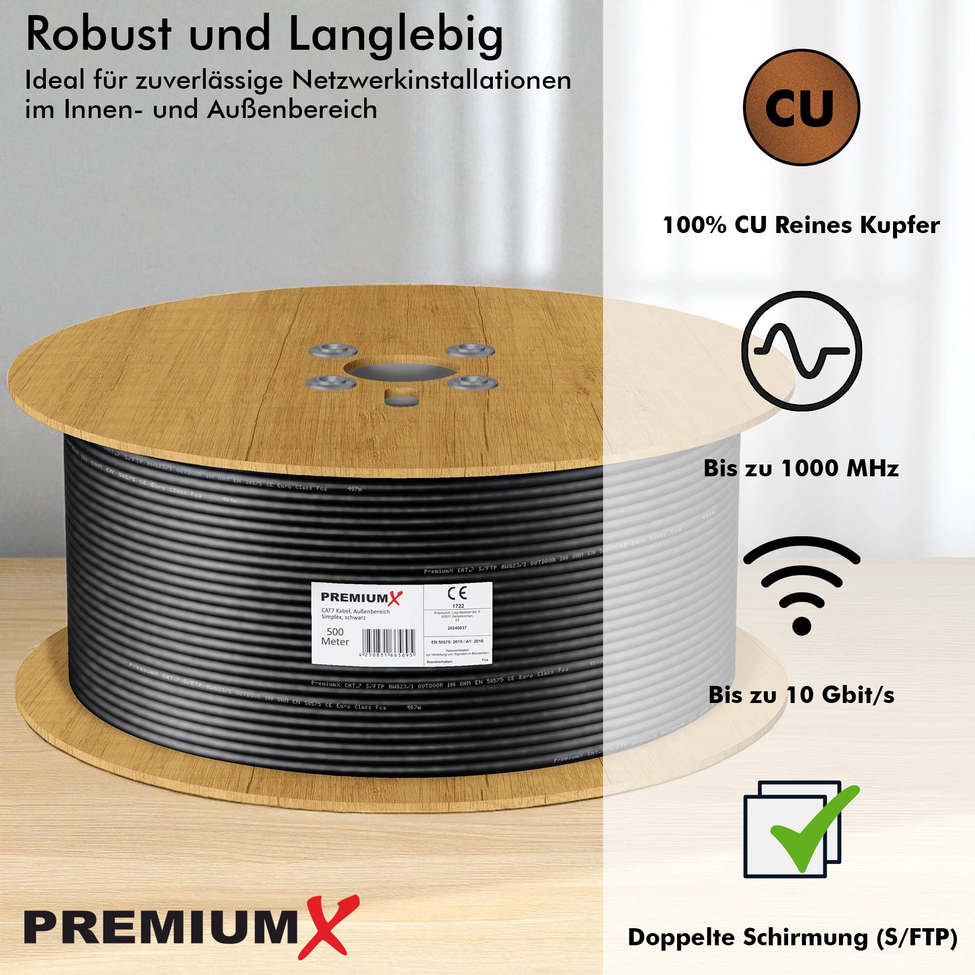 Premium X CAT 7 Outdoor Netzwerkkabel 500m – 10 Gbit/s Erdkabel Datenkabel Ethernetkabel LAN Kabel für Außen S/FTP AWG23/1 Verlegekabel - reines