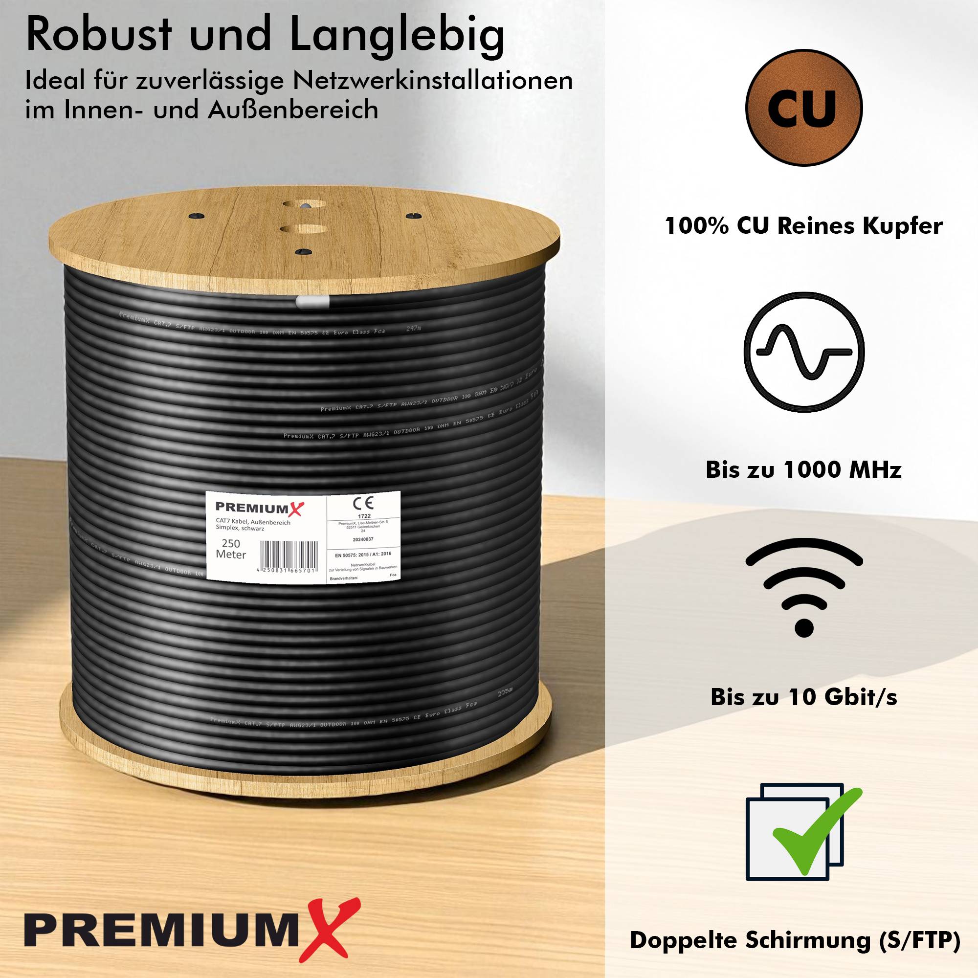 Premium X CAT 7 Outdoor Netzwerkkabel 250m – 10 Gbit/s Erdkabel Datenkabel Ethernetkabel LAN Kabel für Außen S/FTP AWG23/1 Verlegekabel - reines