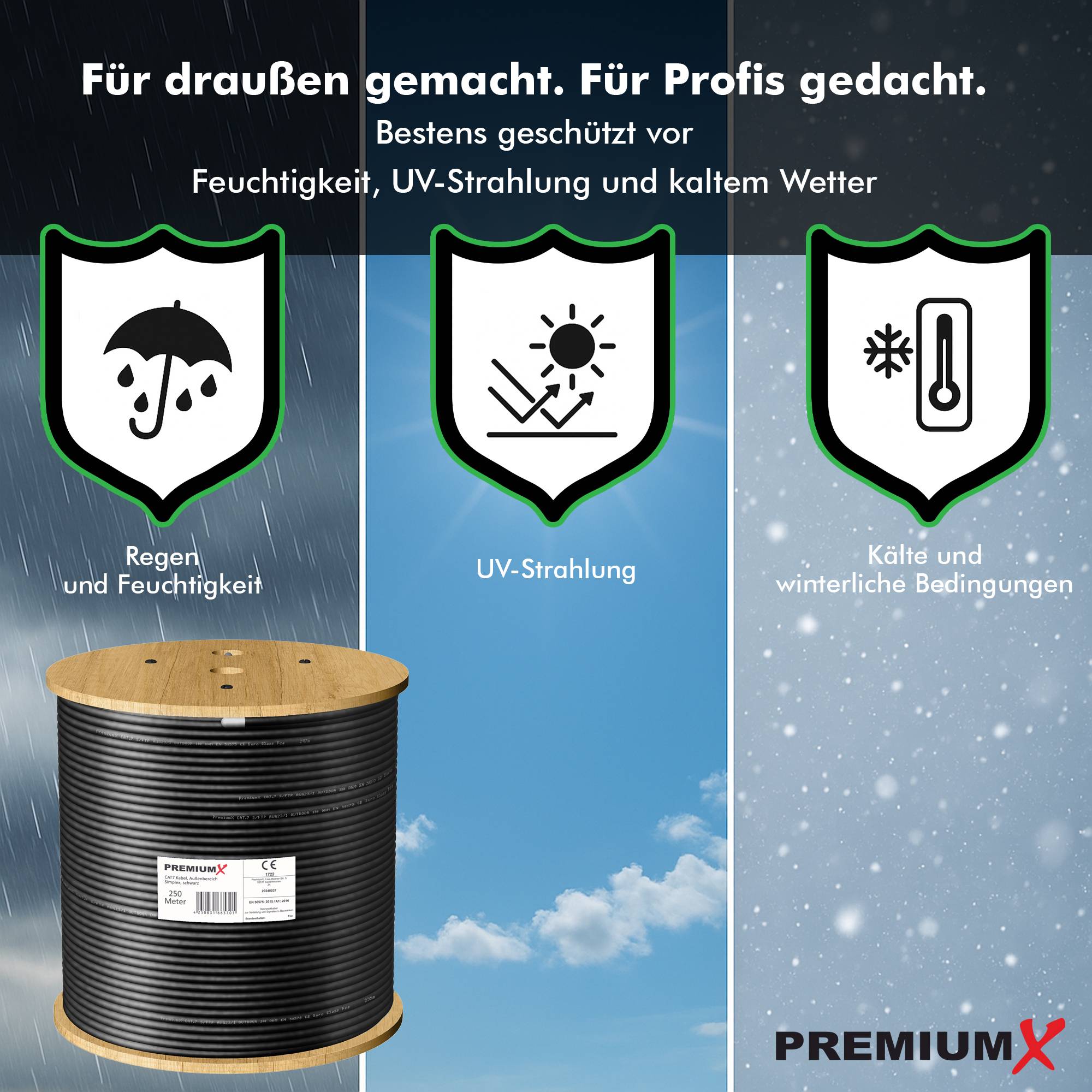 Premium X CAT 7 Outdoor Netzwerkkabel 250m – 10 Gbit/s Erdkabel Datenkabel Ethernetkabel LAN Kabel für Außen S/FTP AWG23/1 Verlegekabel - reines