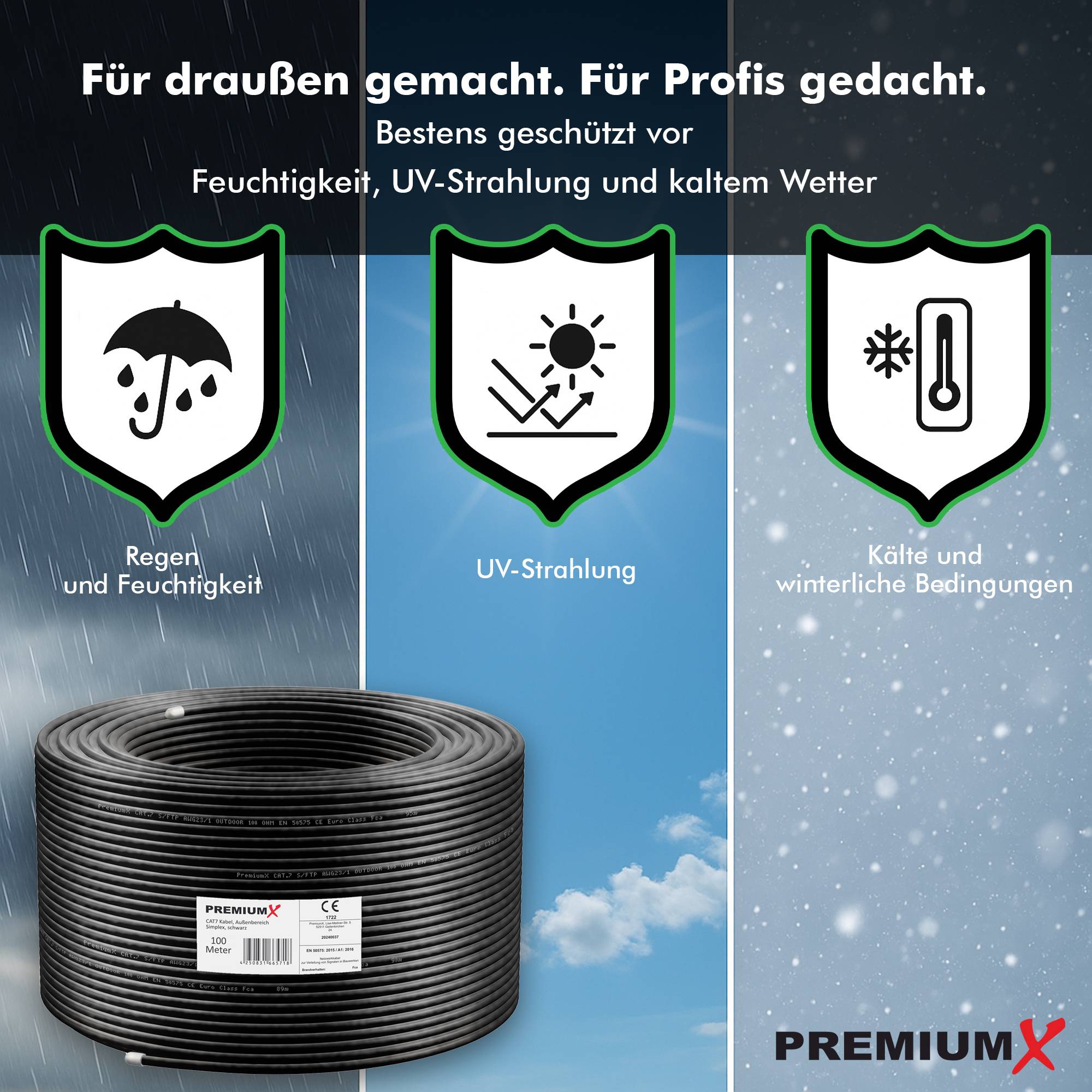 Premium X CAT 7 Outdoor Netzwerkkabel 100m – 10 Gbit/s Erdkabel Datenkabel Ethernetkabel LAN Kabel für Außen S/FTP AWG23/1 Verlegekabel - reines