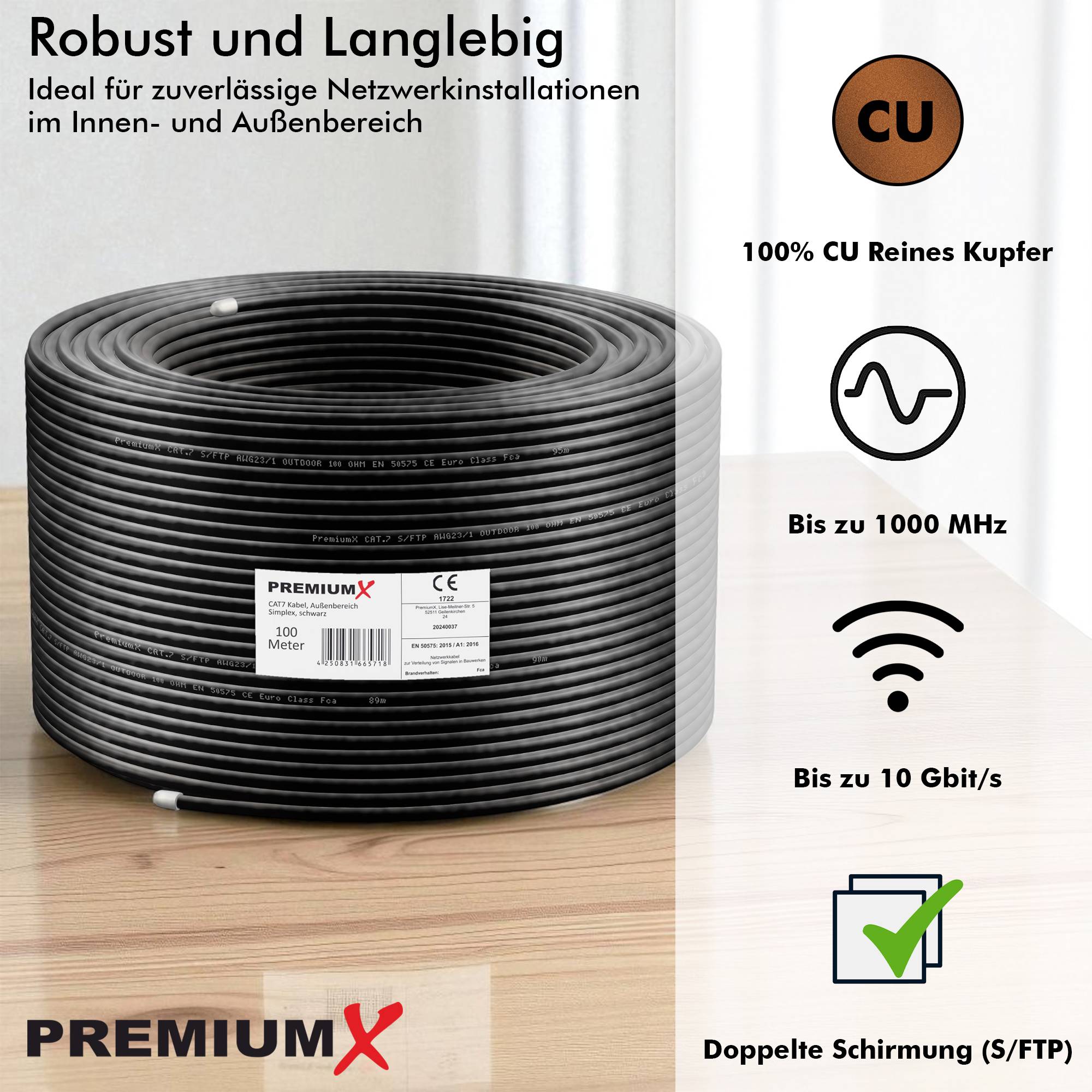 Premium X CAT 7 Outdoor Netzwerkkabel 100m – 10 Gbit/s Erdkabel Datenkabel Ethernetkabel LAN Kabel für Außen S/FTP AWG23/1 Verlegekabel - reines