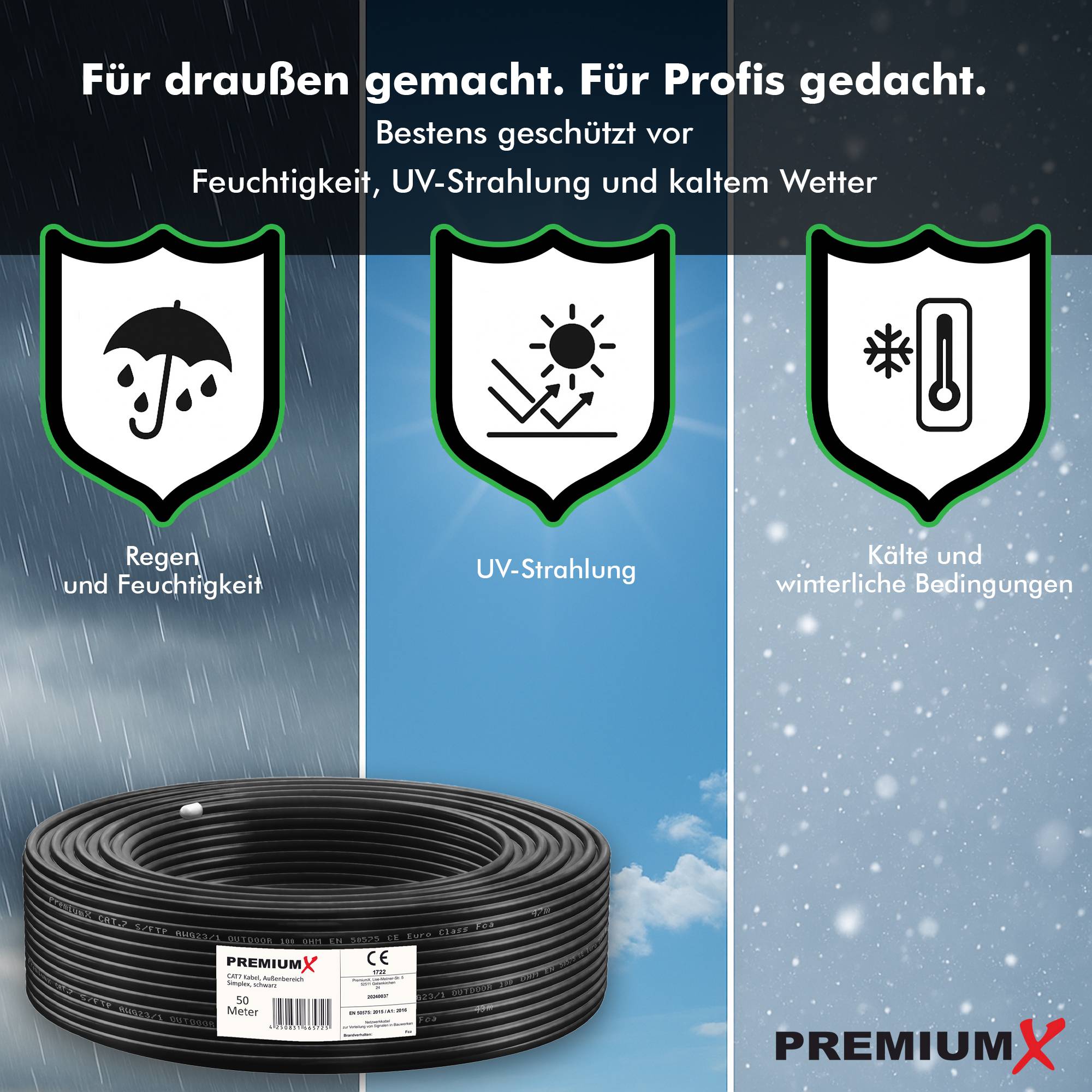 Premium X CAT 7 Outdoor Netzwerkkabel 50m – 10 Gbit/s Erdkabel Datenkabel Ethernetkabel LAN Kabel für Außen S/FTP AWG23/1 Verlegekabel - reines