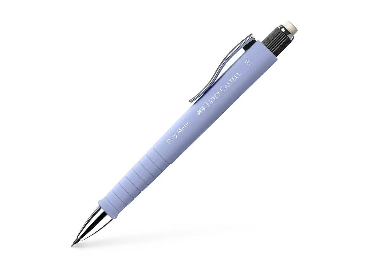 Hellvioletter mechanischer Bleistift mit strukturiertem Griff und Clip, mit der Markenbezeichnung 