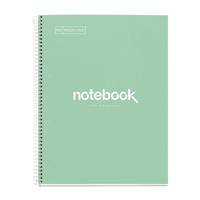 Ein grüner Spiralblock-Einband mit dem Wort ‚notebook' in weißer Schrift zentriert.