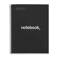 Spiralgebundene schwarze Notizbuchvorderseite mit dem Titel 'notebook DIE ORIGINAL' in minimalistischem Design.