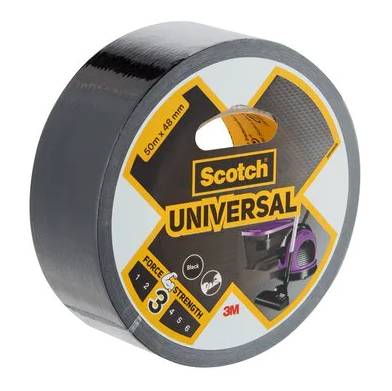 Eine Rolle Scotch Universal schwarzes Klebeband in Einzelhandelsverpackung, beschriftet mit 50 m x 48 mm und 3M.